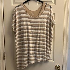 Lane Bryant Beige and White Striped Short Sleeve Asymmetrical Top 18/20